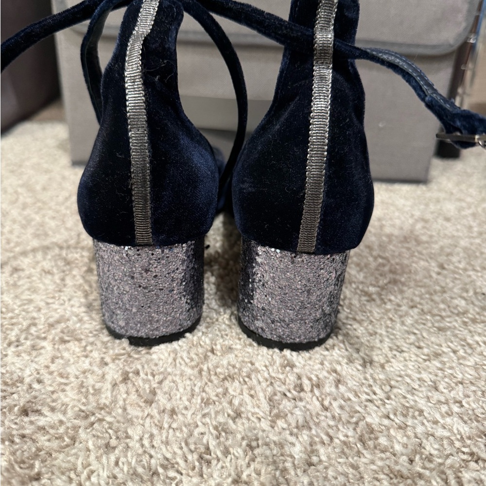 Boden Navy Velvet Heels with Silver Glitter Block
